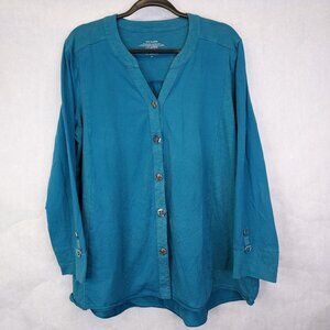 Neon Buddha Tunic Top Womens XL Long Sleeve Embellished Button Teal Hippie Boho